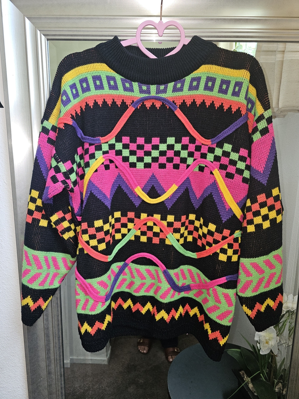 80's Jamie Scott Vibrant 80s Sweater, Women's SmaBlack Neon Geo Crewneck Sweater